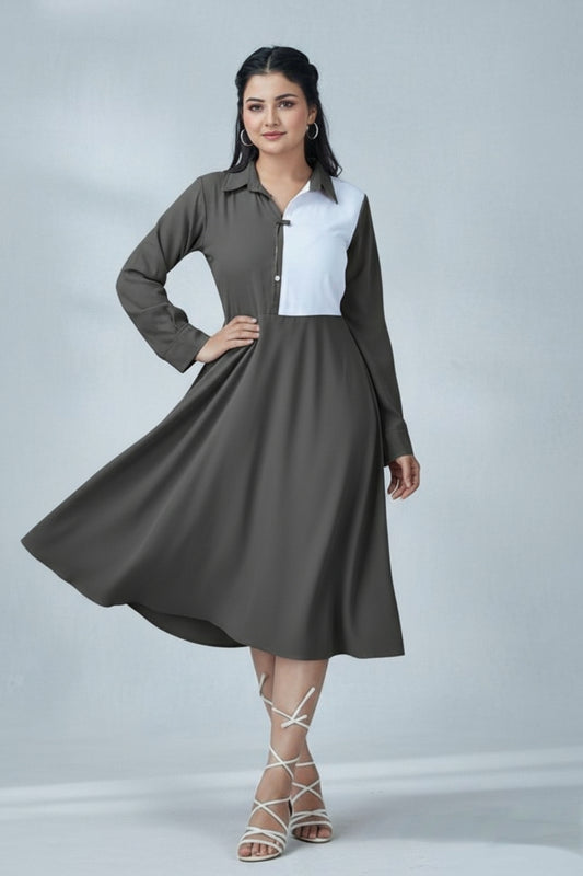 Women’s Elegant Two-Tone Flared Midi Dress – Black & White Panel Design