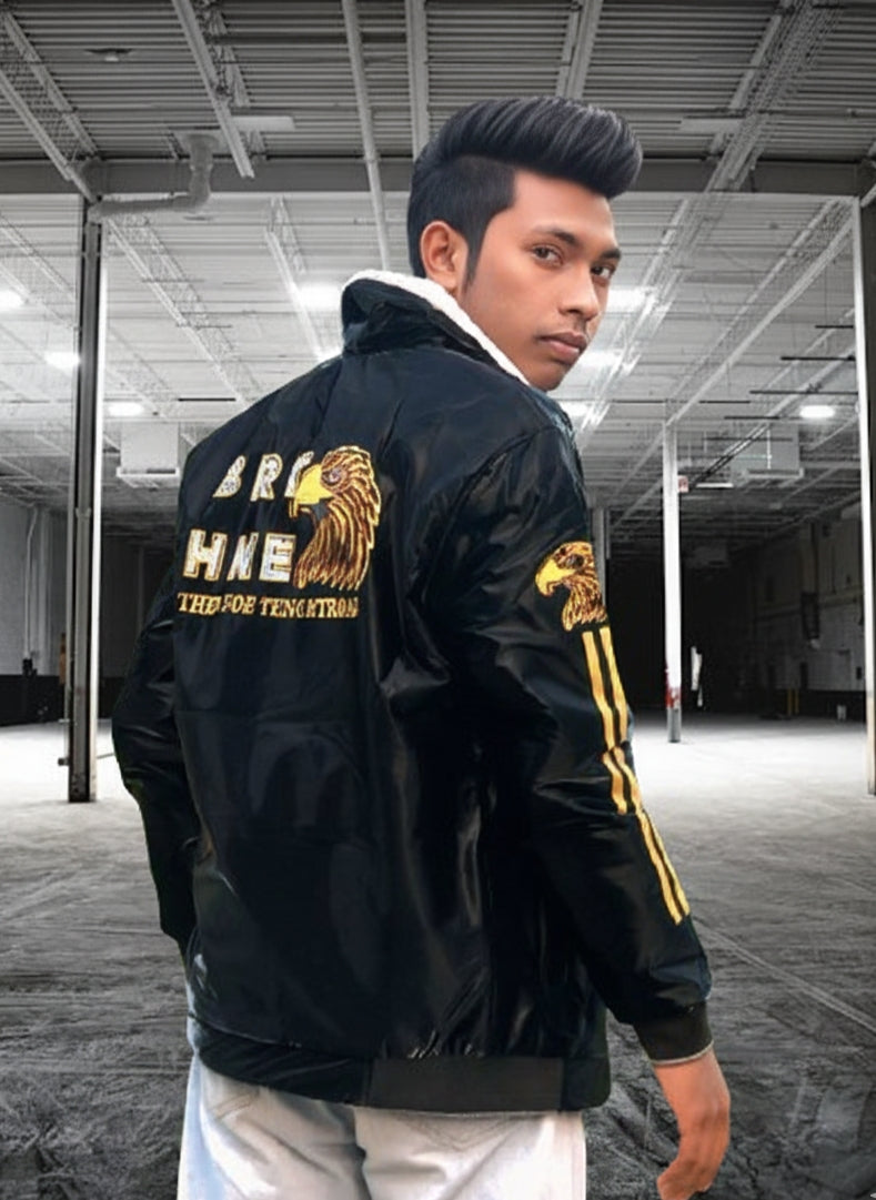 Men’s Premium Black Bomber Jacket with Golden Lion Embroidery – Winter Wear