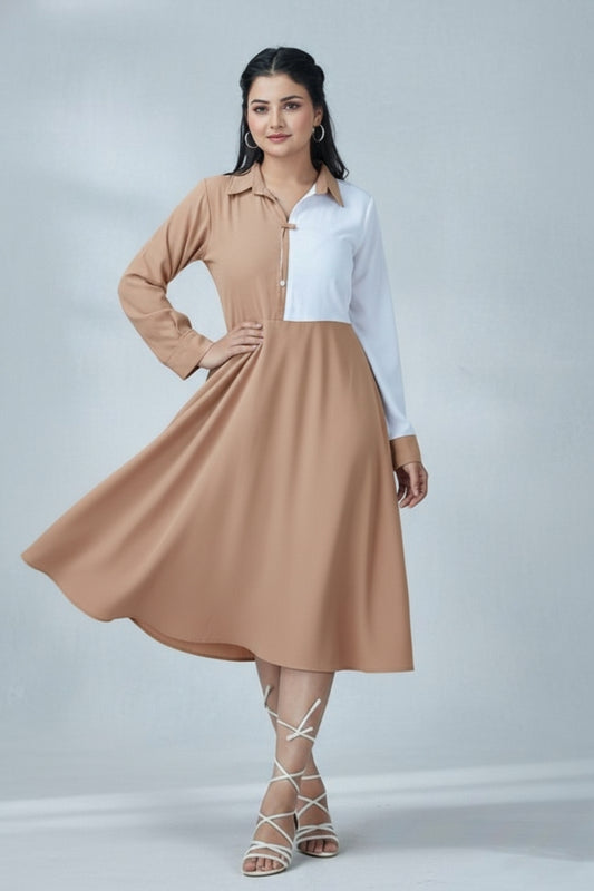 Women’s Elegant Two-Tone Flared Midi Dress – Black & White Panel Design