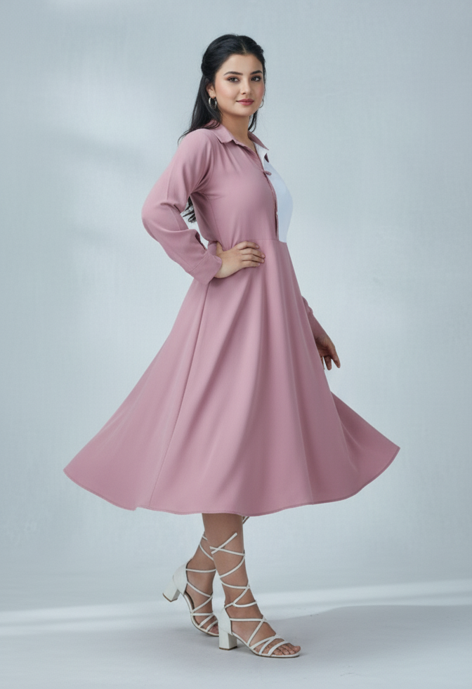 Women’s Elegant Two-Tone Flared Midi Dress – Dusty Rose & White Panel Design