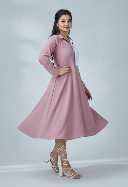 Women’s Elegant Two-Tone Flared Midi Dress – Dusty Rose & White Panel Design