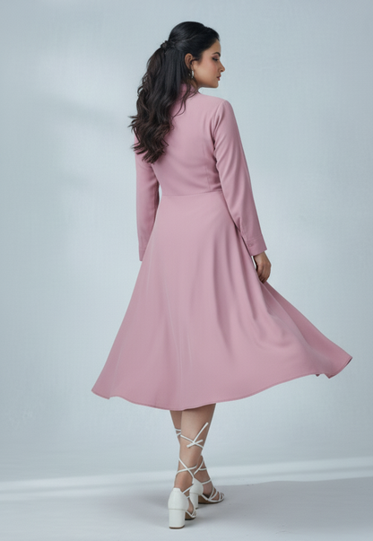 Women’s Elegant Two-Tone Flared Midi Dress – Dusty Rose & White Panel Design