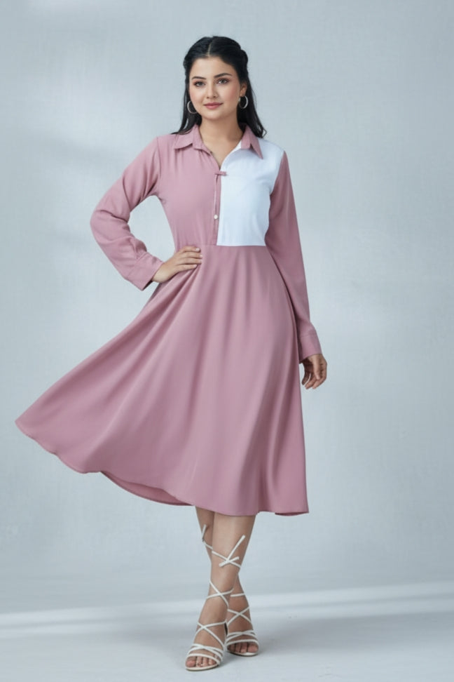 Women’s Elegant Two-Tone Flared Midi Dress – Dusty Rose & White Panel Design
