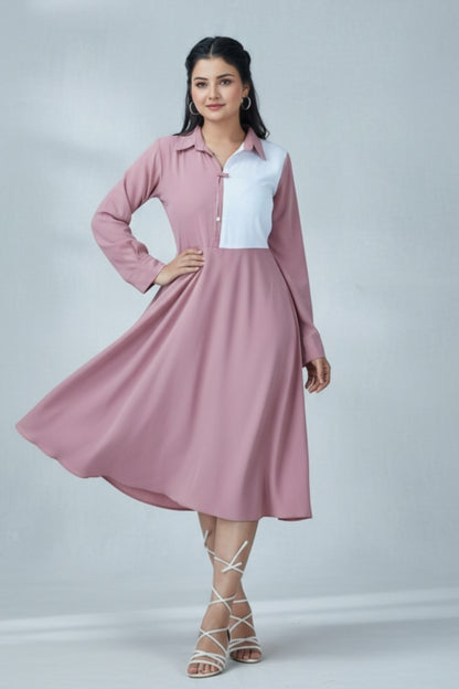 Women’s Elegant Two-Tone Flared Midi Dress – Dusty Rose & White Panel Design