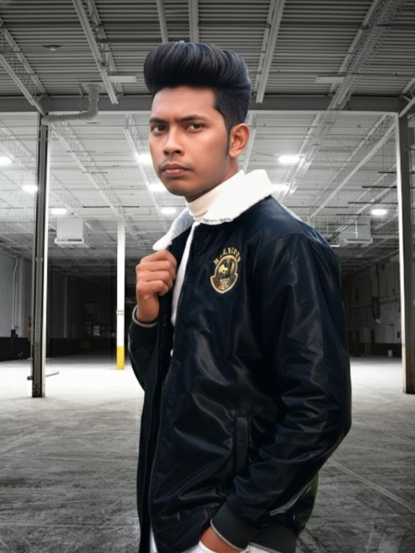 Men’s Premium Black Bomber Jacket with Golden Lion Embroidery – Winter Wear
