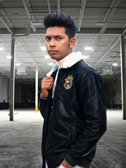 Men’s Premium Black Bomber Jacket with Golden Lion Embroidery – Winter Wear