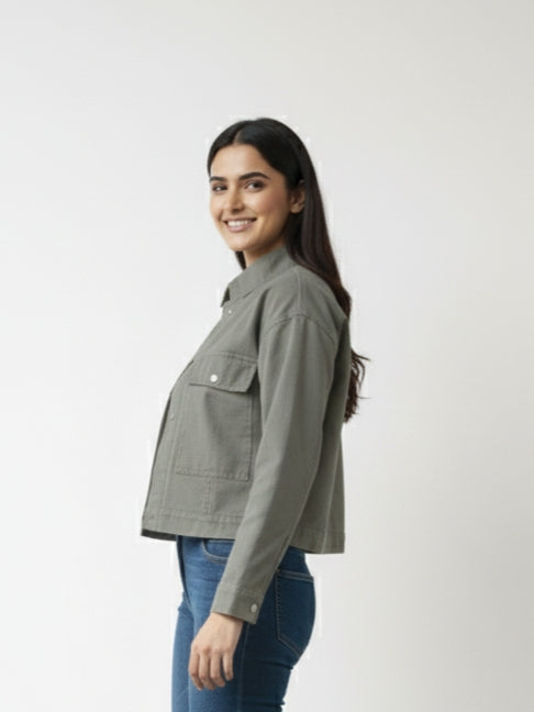 Women’s Stylish Beige Denim Jacket | Cropped Fit | Premium Cotton Denim | Casual Wear