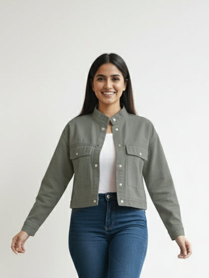 Women’s Stylish Beige Denim Jacket | Cropped Fit | Premium Cotton Denim | Casual Wear
