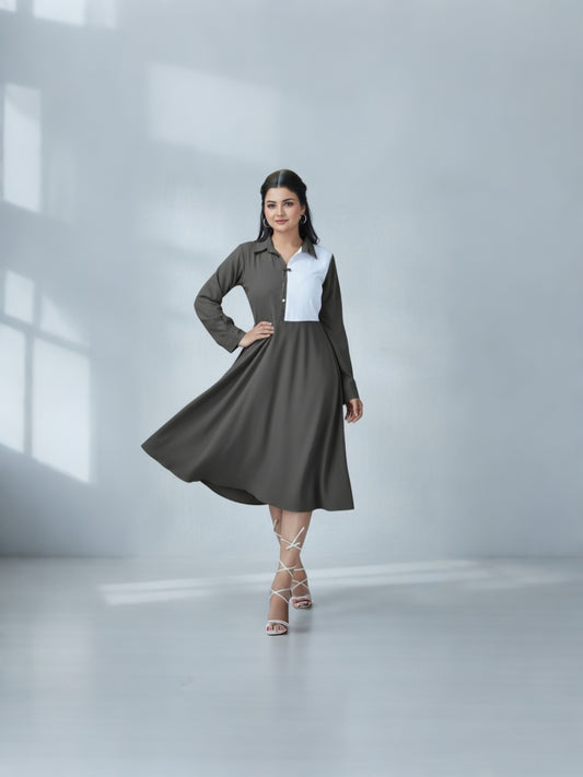 Women’s Elegant Two-Tone Flared Midi Dress – Black & White Panel Design