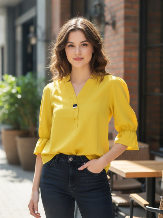 Women’s Stylish Yellow Solid Top | V-Neck Casual Top | Soft & Comfortable Daily Wear Top