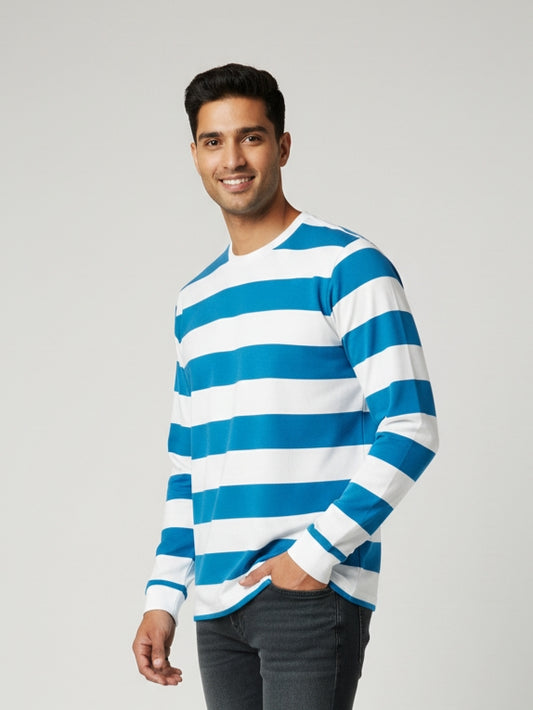 Men’s Black & White Striped Full Sleeve Casual T-Shirt | Premium | Regular Fit