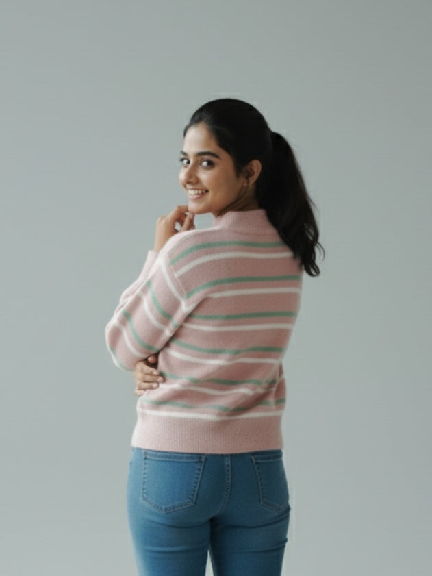 Women’s Pink Striped Soft Knit Winter Sweater | Warm & Cozy | Casual Regular Fit