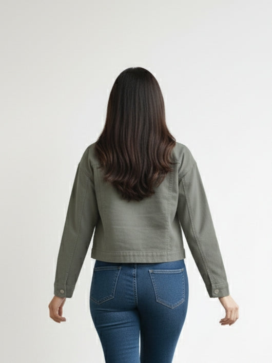 Women’s Stylish Beige Denim Jacket | Cropped Fit | Premium Cotton Denim | Casual Wear