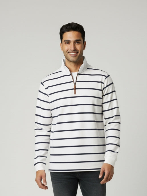 Men's White & Navy Striped High Neck Half-Zip Sweatshirt | Premium Winter Wear