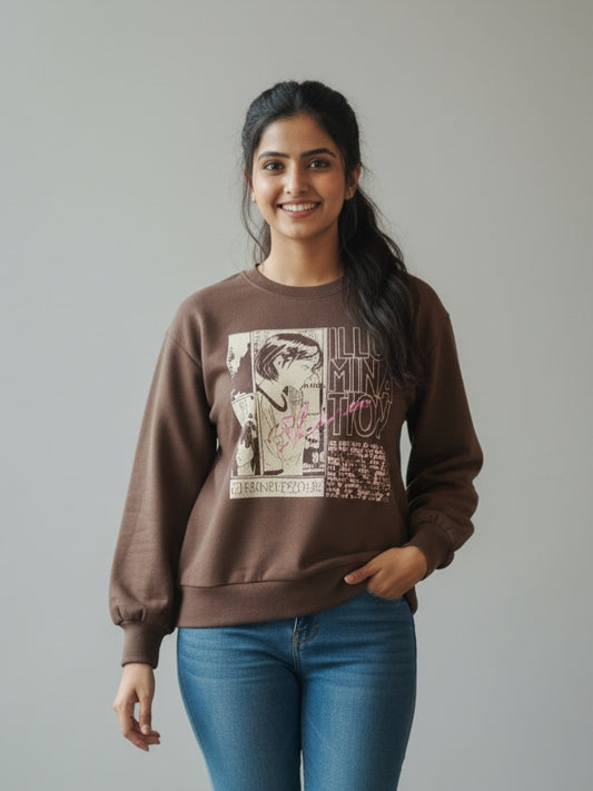 Women’s Printed Casual Sweatshirt – Chocolate Brown