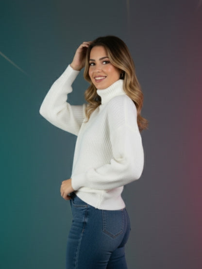 Women's White High Neck Winter Sweater | Cozy Knitted Turtleneck Pullover | Soft Warm Stylish Winter Wear
