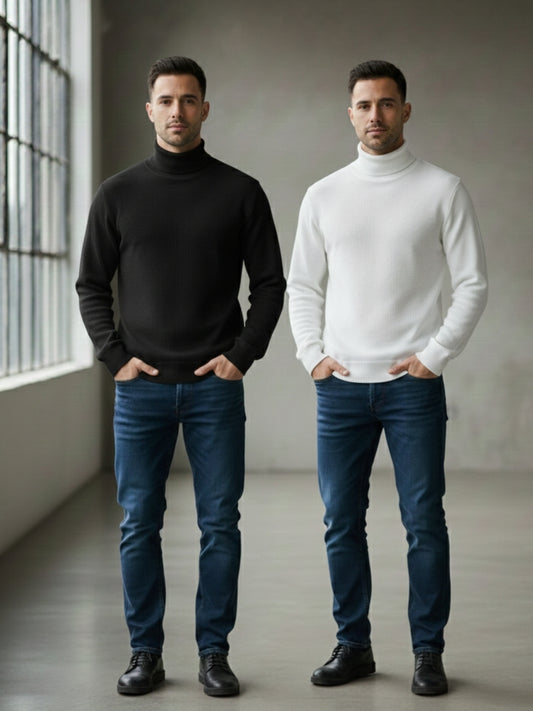 Men’s Premium High-Neck Winter Sweater Combo (Black & White) – Warm, Stretchable & Stylish Pullover Set