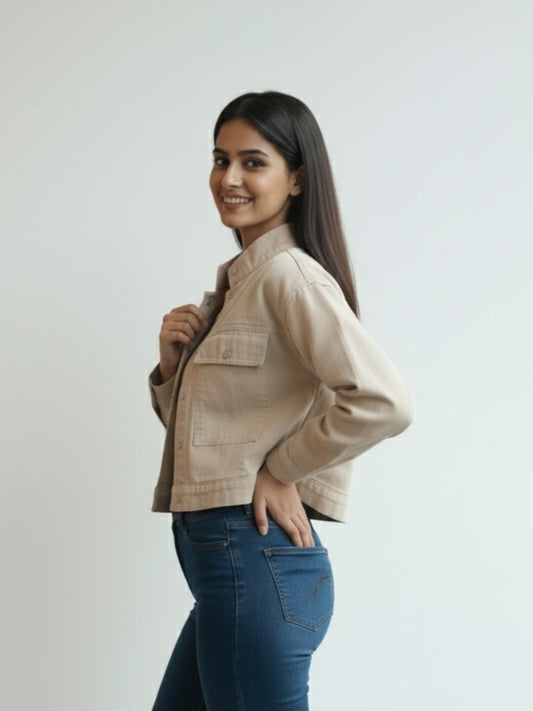 Women’s Stylish Beige Denim Jacket | Cropped Fit | Premium Cotton Denim | Casual Wear