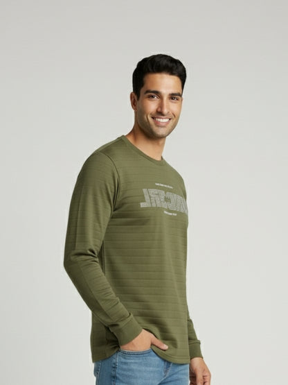 Men's Olive Green Full Sleeve T-Shirt – Stylish Round Neck Cotton Blend Casual Wear