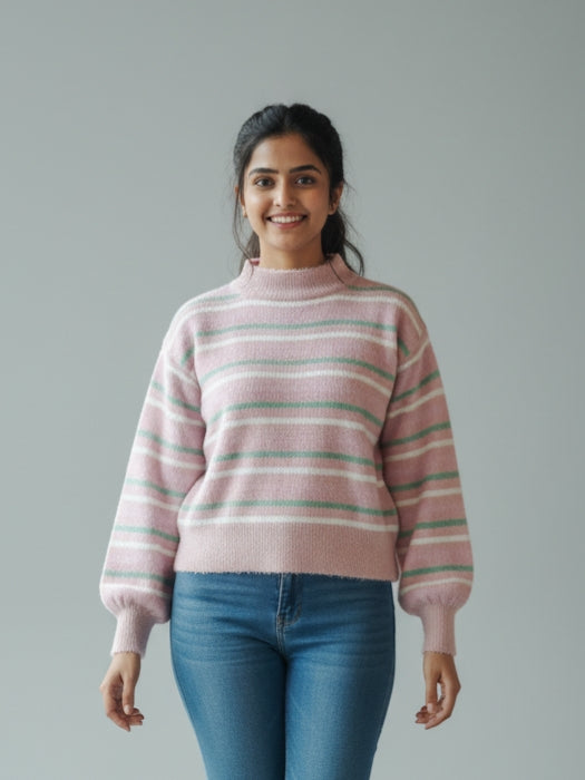 Women’s Pink Striped Soft Knit Winter Sweater | Warm & Cozy | Casual Regular Fit