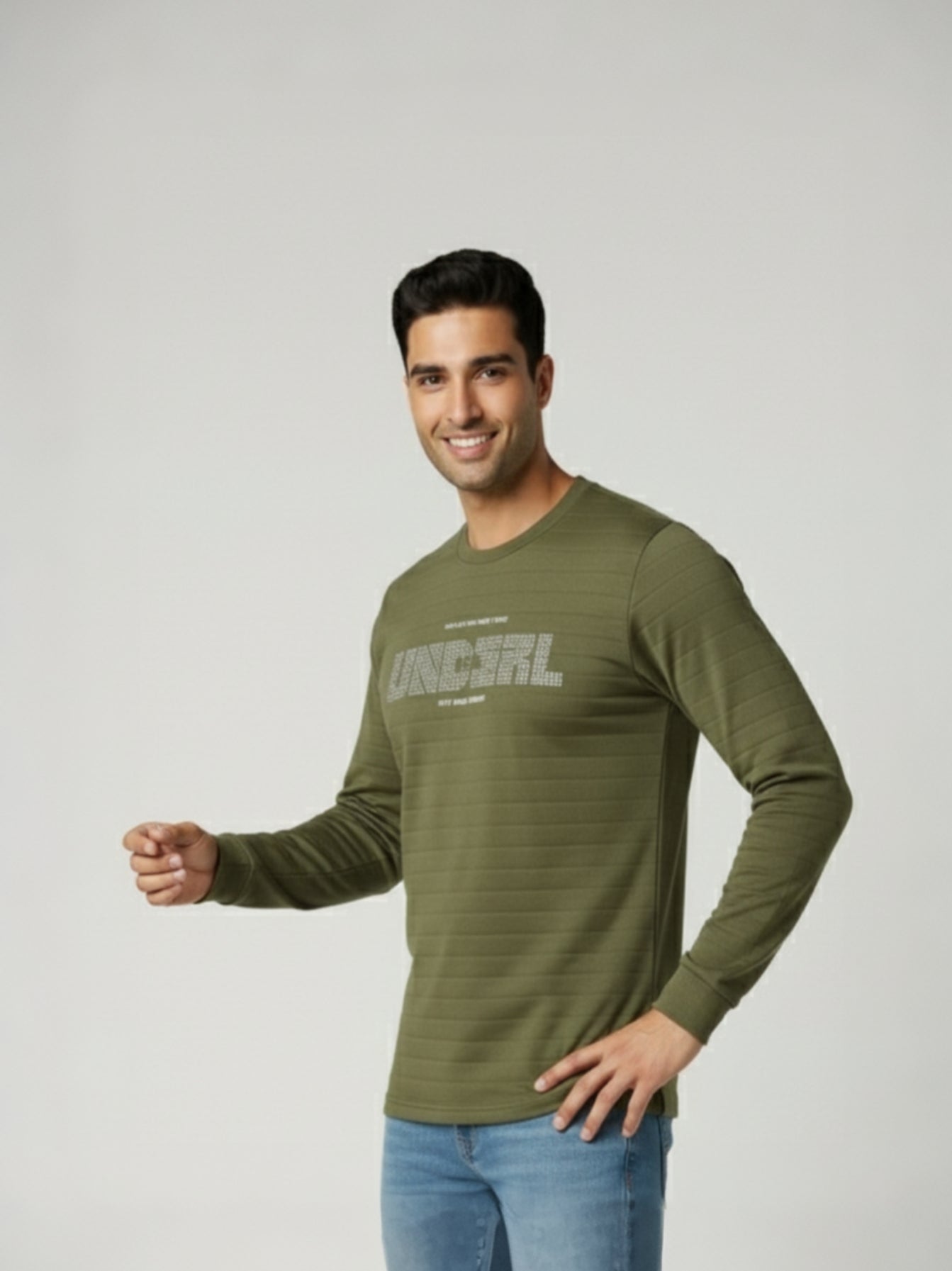 Men's Olive Green Full Sleeve T-Shirt – Stylish Round Neck Cotton Blend Casual Wear