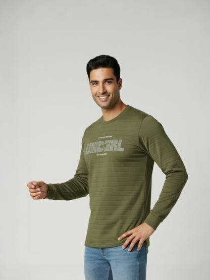 Men's Olive Green Full Sleeve T-Shirt – Stylish Round Neck Cotton Blend Casual Wear