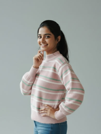 Women’s Pink Striped Soft Knit Winter Sweater | Warm & Cozy | Casual Regular Fit