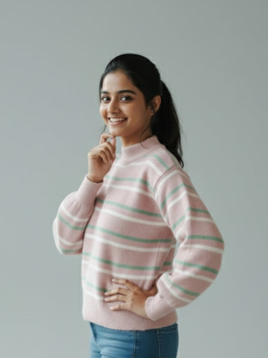 Women’s Pink Striped Soft Knit Winter Sweater | Warm & Cozy | Casual Regular Fit