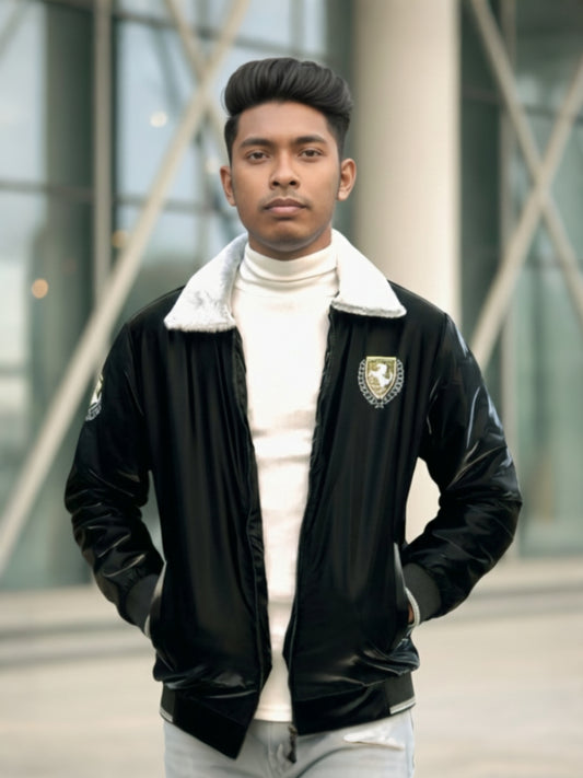 Ferrari Premium Black Winter Jacket for Men | High-Gloss Shine Fabric |