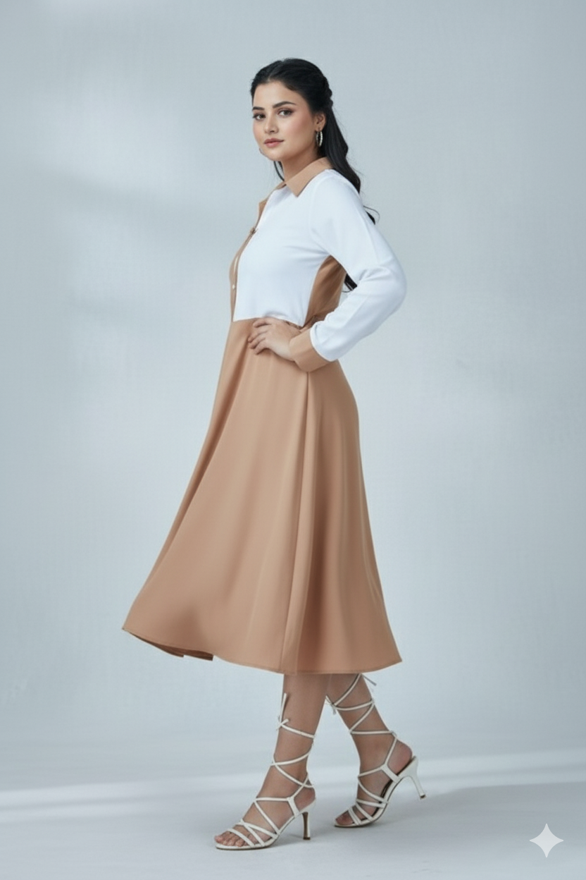 Women’s Elegant Two-Tone Flared Midi Dress – Black & White Panel Design