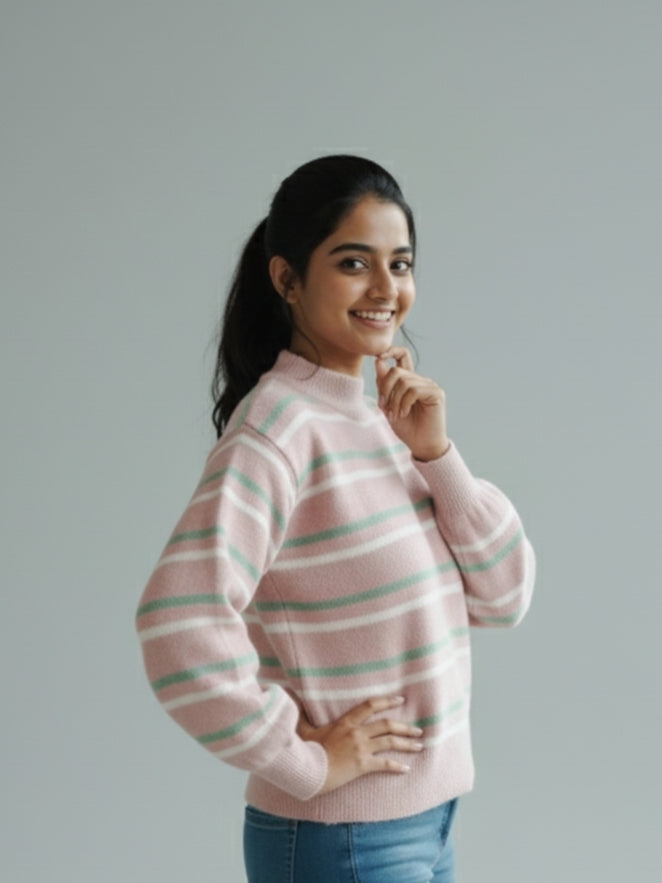 Women’s Pink Striped Soft Knit Winter Sweater | Warm & Cozy | Casual Regular Fit