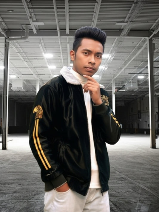 Men’s Premium Black Bomber Jacket with Golden Lion Embroidery – Winter Wear