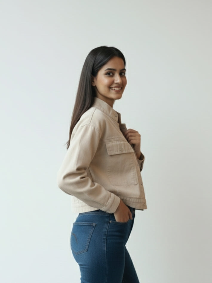Women’s Stylish Beige Denim Jacket | Cropped Fit | Premium Cotton Denim | Casual Wear