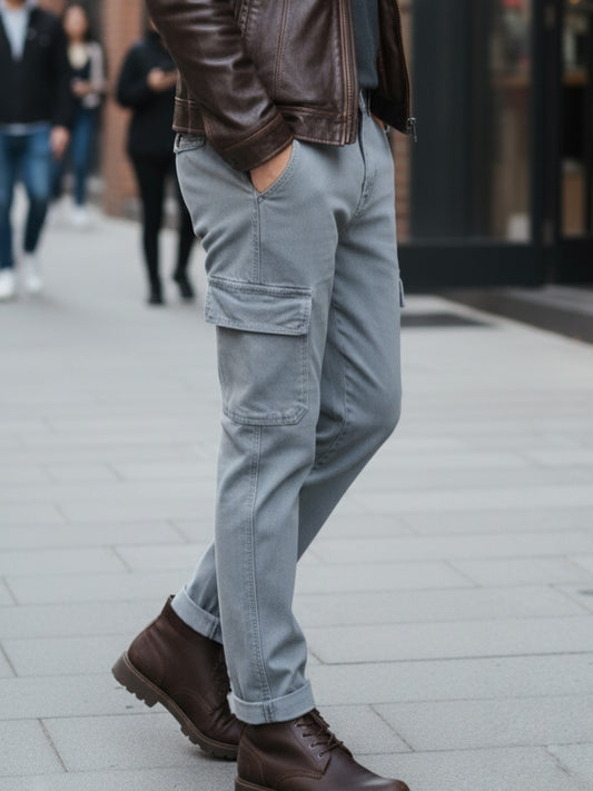 Men's Light Grey Cargo Jeans – Stylish, Stretchable & Comfortable Denim Pants