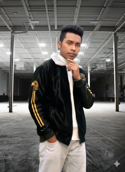 Men’s Premium Black Bomber Jacket with Golden Lion Embroidery – Winter Wear