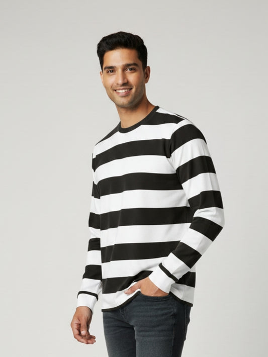 Men’s Black & White Striped Full Sleeve Casual T-Shirt | Premium | Regular Fit
