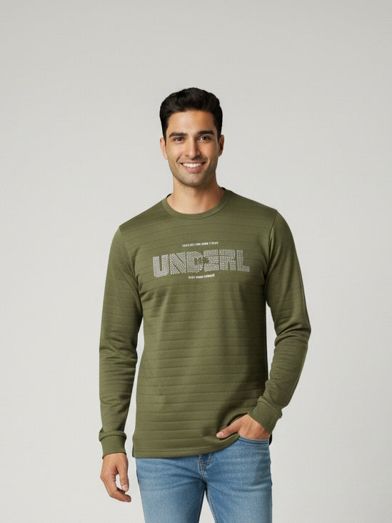 Men's Olive Green Full Sleeve T-Shirt – Stylish Round Neck Cotton Blend Casual Wear