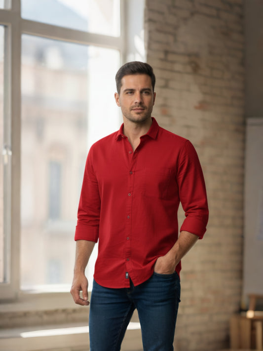 Men’s Red Solid Cotton Casual Shirt