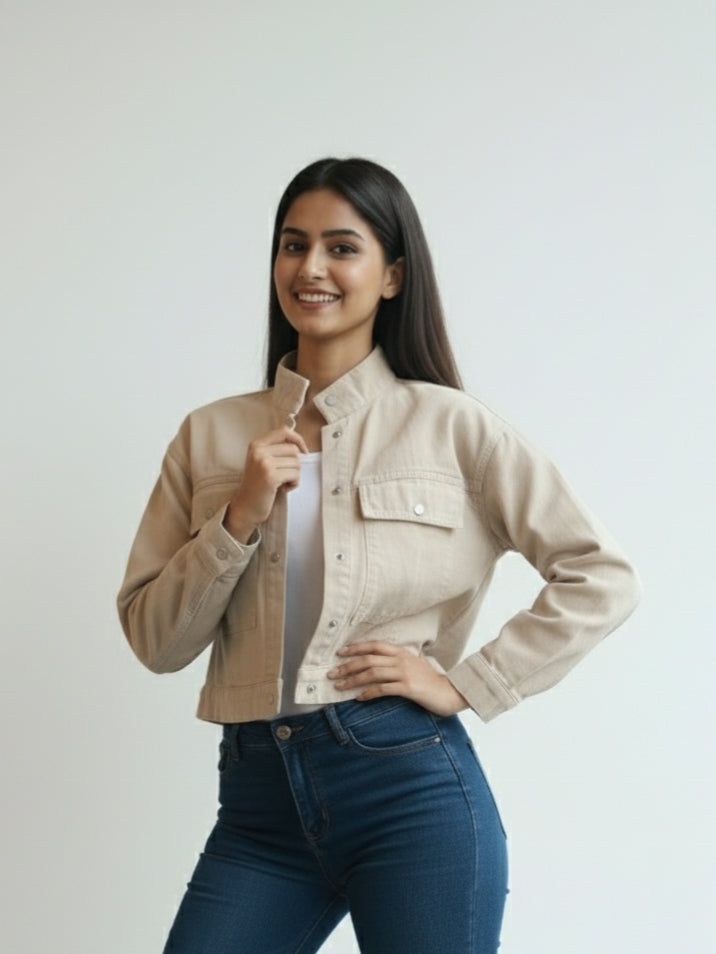 Women’s Stylish Beige Denim Jacket | Cropped Fit | Premium Cotton Denim | Casual Wear