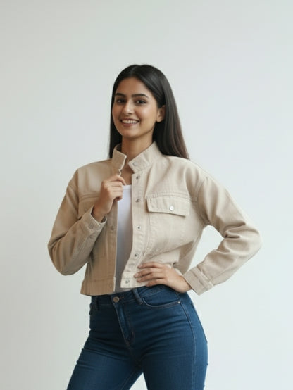 Women’s Stylish Beige Denim Jacket | Cropped Fit | Premium Cotton Denim | Casual Wear