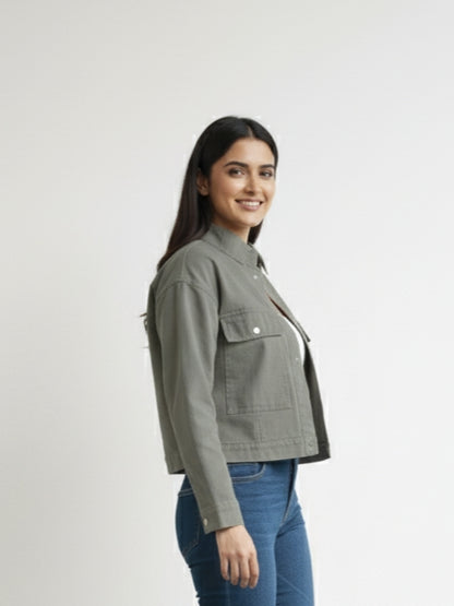Women’s Stylish Beige Denim Jacket | Cropped Fit | Premium Cotton Denim | Casual Wear